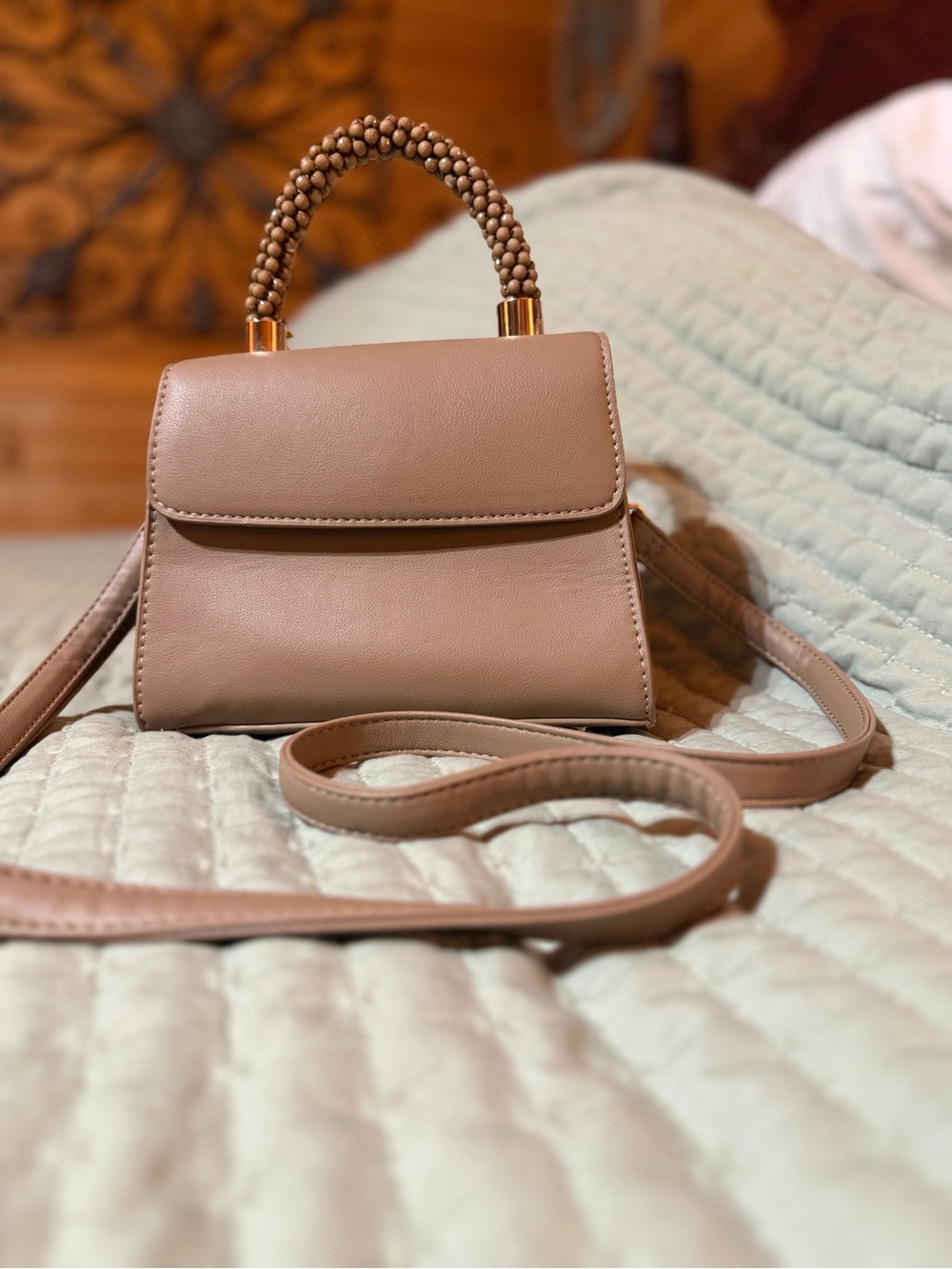 Classic Taupe Beaded-Handle Shoulder Bag